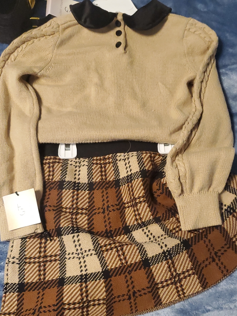 Kids Tan Knit Top & Brown Plaid Skirt Matching Set